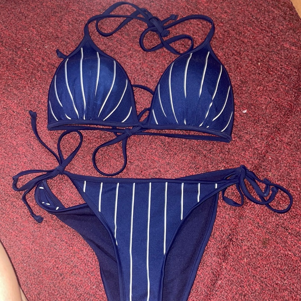 H&M Navy Blue & White Stripe Triangle Tie Bikini
